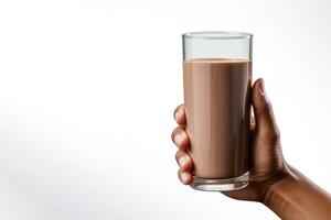 Hand holding a glass of delicious chocolate milk isolated on white background with copy space. ai generated photo