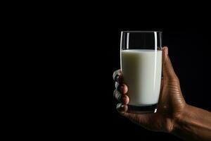 Hand holding a glass of fresh milk isolated on black background with copy space. ai generated photo