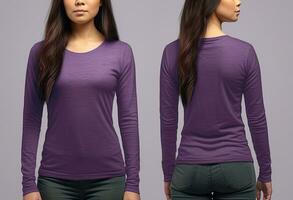 mujer vistiendo un púrpura camiseta con largo mangas frente y espalda vista. ai generado foto