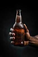 a male hand holding up a bottle of beer isolated on a black background. ai generated photo