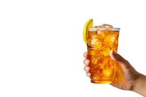 A hand holding takeaway plastic cup of delicious iced lemon tea isolated on white background with copy space. ai generated photo