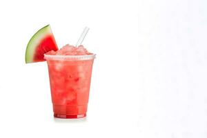 watermelon smoothie in take away cup with watermelon sliced isolated on white background with copy space. ai generated photo