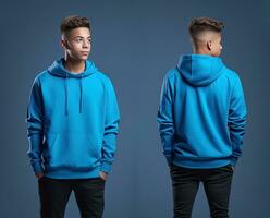 Front and back view of a blue hoodie mockup for design print. ai generated photo