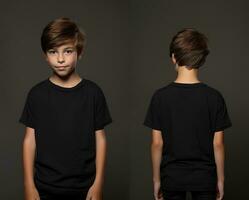 Front and back views of a little boy wearing a black T-shirt. ai generated photo