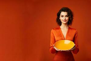 Young beautiful stylish woman holding an empty plate or dish isolated on orange background with copy space. ai generated photo