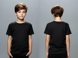 Front and back views of a little boy wearing a black T-shirt. ai generated photo