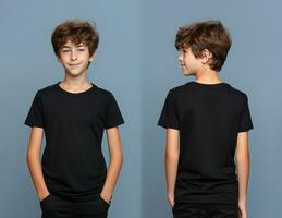 Front and back views of a little boy wearing a black T-shirt. ai generated photo