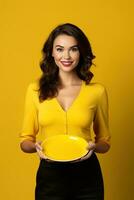 Young beautiful stylish woman holding an empty plate or dish isolated on yellow background. ai generated photo