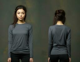 Woman wearing a grey T-shirt with long sleeves. Front and back view. ai generated photo