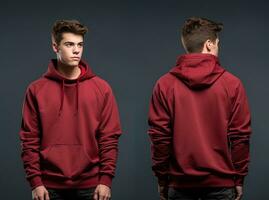 Front and back view of a red hoodie mockup for design print. ai generated photo