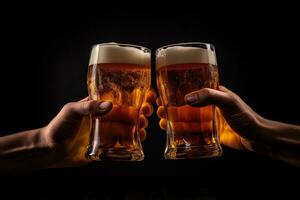 Hands toasting with glasses of beer isolated on black background. ai generated photo