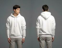 Front and back view of a white hoodie mockup for design print. ai generated photo