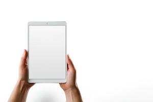 Hand holding tablet with mockup blank screen isolated on white background with copy space. ai generated photo