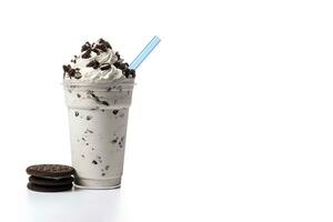 Cookies and cream milkshake in a takeaway cup isolated on white background with copy space. ai generated photo