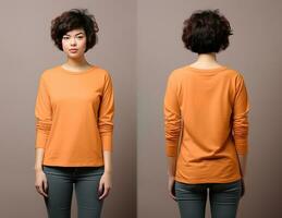 Woman wearing an orange T-shirt with long sleeves. Front and back view. ai generated photo