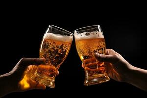 Hands toasting with glasses of beer isolated on black background. ai generated photo