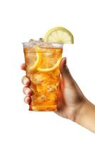 A hand holding takeaway plastic cup of delicious iced lemon tea isolated on white background. ai generated photo