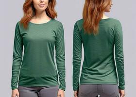 mujer vistiendo un verde camiseta con largo mangas frente y espalda vista. ai generado foto