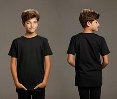 Front and back views of a little boy wearing a black T-shirt. ai generated photo