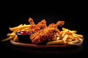 rápido comida frito crujiente pollo y francés papas fritas patatas con salsa de tomate salsa aislado en oscuro antecedentes. ai generado foto