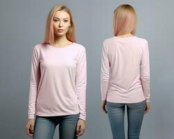 Woman wearing a pink T-shirt with long sleeves. Front and back view photo