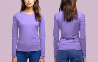 Woman wearing a purple T-shirt with long sleeves. Front and back view. ai generated photo
