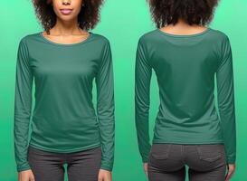 Woman wearing a green T-shirt with long sleeves. Front and back view. ai generated photo