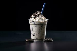 Cookies and cream milkshake in a takeaway cup isolated on dark background. ai generated photo