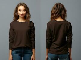 Woman wearing a brown T-shirt with long sleeves. Front and back view. ai generated photo