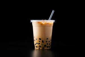 milk tea white bubble on plastic cup, isolated on dark background, side view. ai generated photo