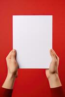 A human hand holding a blank sheet of white paper or card isolated on red background. ai generated photo