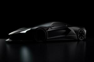 Side view dark silhouette of a modern sport black car isolated on black background. ai generated photo