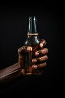 a male hand holding up a bottle of beer isolated on a black background. ai generated photo