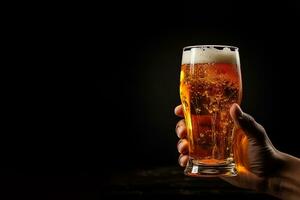 a male hand holding up a glass of beer isolated on a black background with copy space. ai generated photo