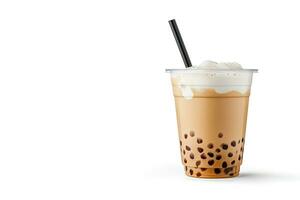 iced milk tea and bubble boba in the plastic glass on the white background with copy space. ai generated photo