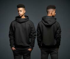 Front and back view of a black hoodie mockup for design print. ai generated photo