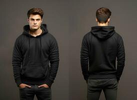 Front and back view of a black hoodie mockup for design print. ai generated photo