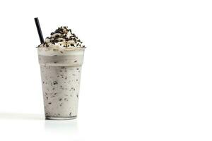 Cookies and cream milkshake in a takeaway cup isolated on white background with copy space. ai generated photo