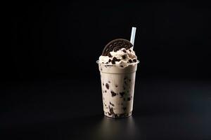 Cookies and cream milkshake in a takeaway cup isolated on dark background. ai generated photo