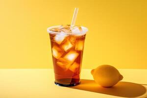 Iced lemon tea on plastic takeaway glass. ai generated photo