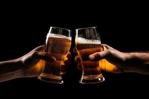 Hands toasting with glasses of beer isolated on black background. ai generated photo