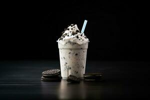 Cookies and cream milkshake in a takeaway cup isolated on dark background. ai generated photo