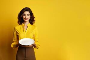 Young beautiful stylish woman holding an empty plate or dish isolated on yellow background with copy space. ai generated photo