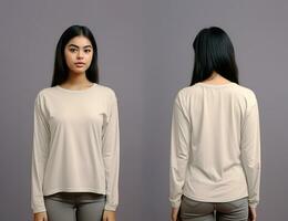 Woman wearing a beige T-shirt with long sleeves. Front and back view. ai generated photo