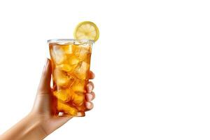 A hand holding takeaway plastic cup of delicious iced lemon tea isolated on white background with copy space. ai generated photo