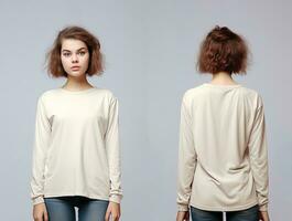 Woman wearing a beige T-shirt with long sleeves. Front and back view. ai generated photo