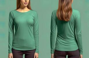 Woman wearing a green T-shirt with long sleeves. Front and back view. ai generated photo