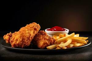 Fast food fried crispy chicken and french fries potatoes with ketchup sauce isolated on dark background. ai generated photo