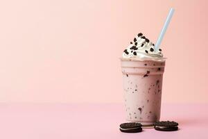 Cookies and cream milkshake in a takeaway cup with copy space. ai generated photo