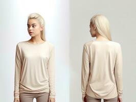 Woman wearing a beige T-shirt with long sleeves. Front and back view. ai generated photo